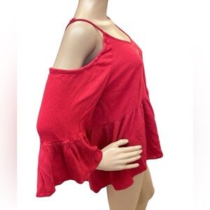 Torrid cold shoulder spaghetti strap top 3/4 bell sleeve red button up women 1